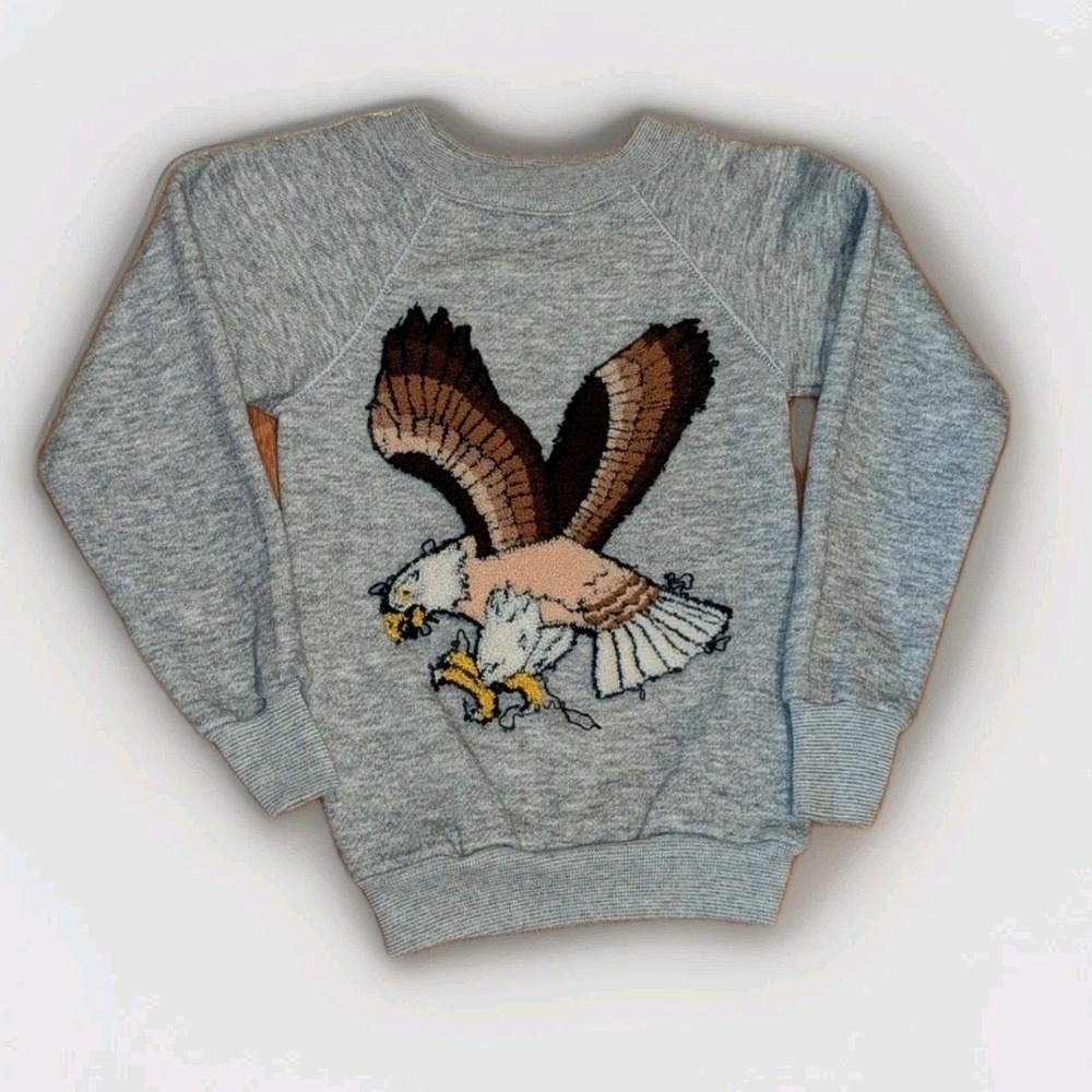 Vintage Americana Bald‎ Eagle Sweatshirt USA Kids M 5-6 Yarn Embroidered Gray